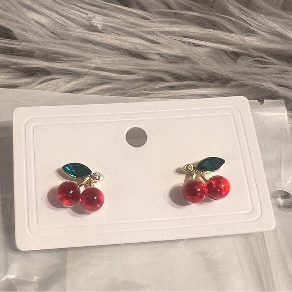 Red Cherry Stud Earrings Cute & Simple Design with Sparkling Rhinestones. - Picture 6 of 6